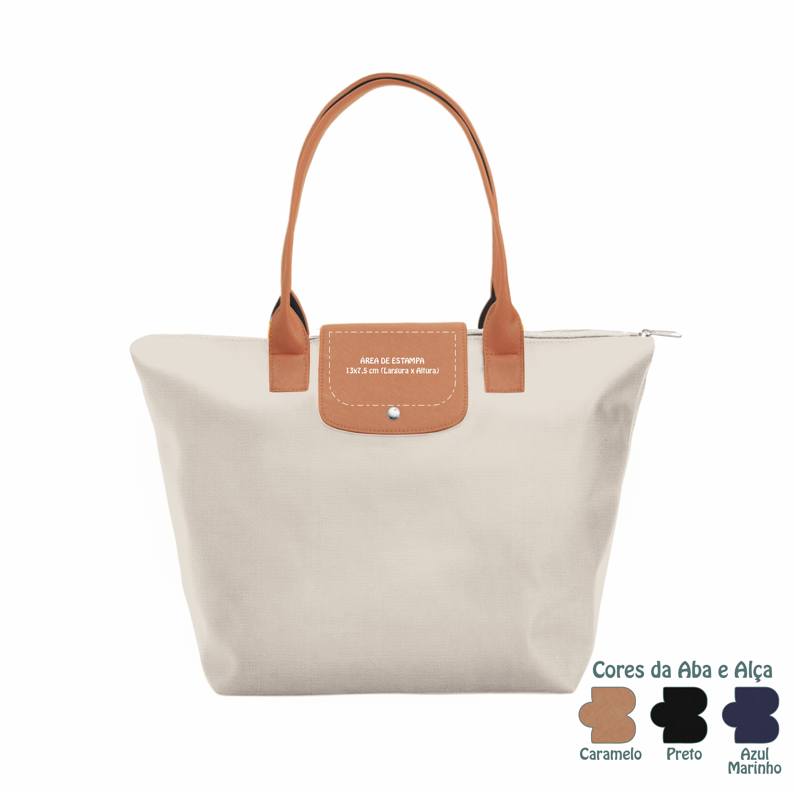 Soul | a sacola que sua cliente não vai querer mais largar! Feita em nylon reforçado, bolso interno, acabamento com zíper, botão imã e aba/alça em corino.