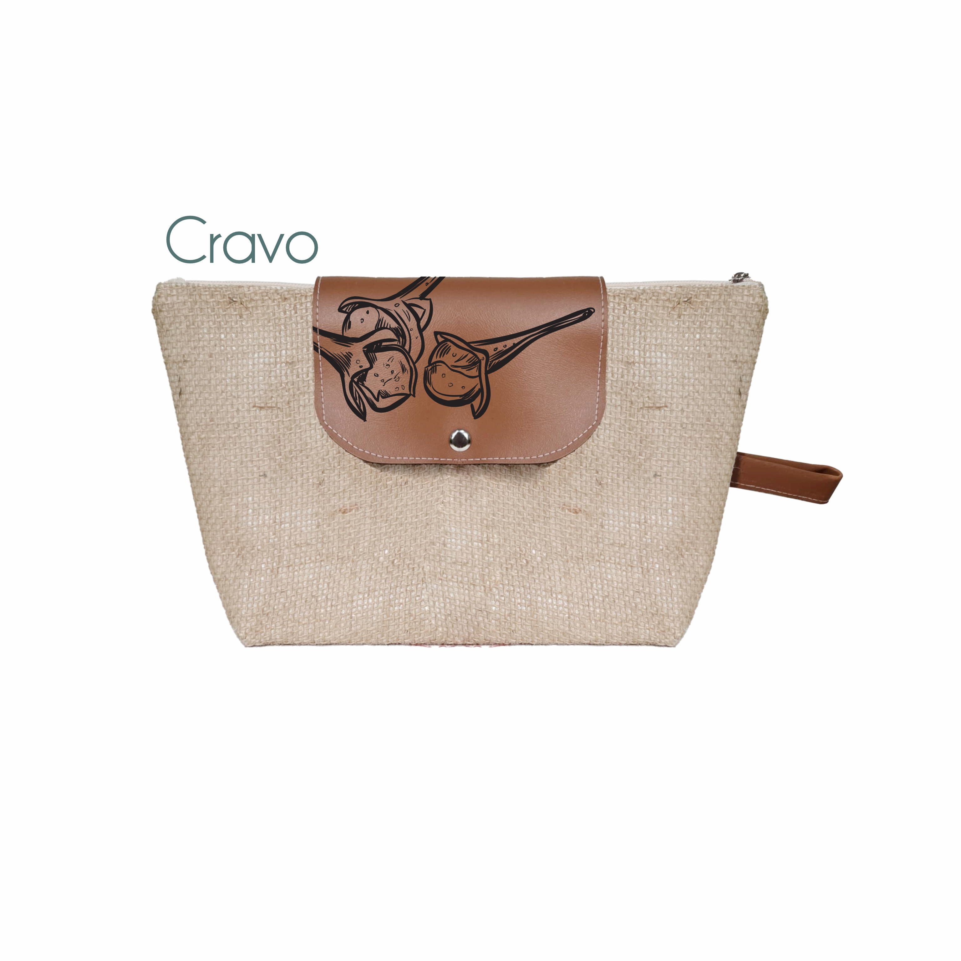 Premium necessaire ecológica em juta natural e forrada com algodão cru + acabamento em corino- ref.: CRAVO