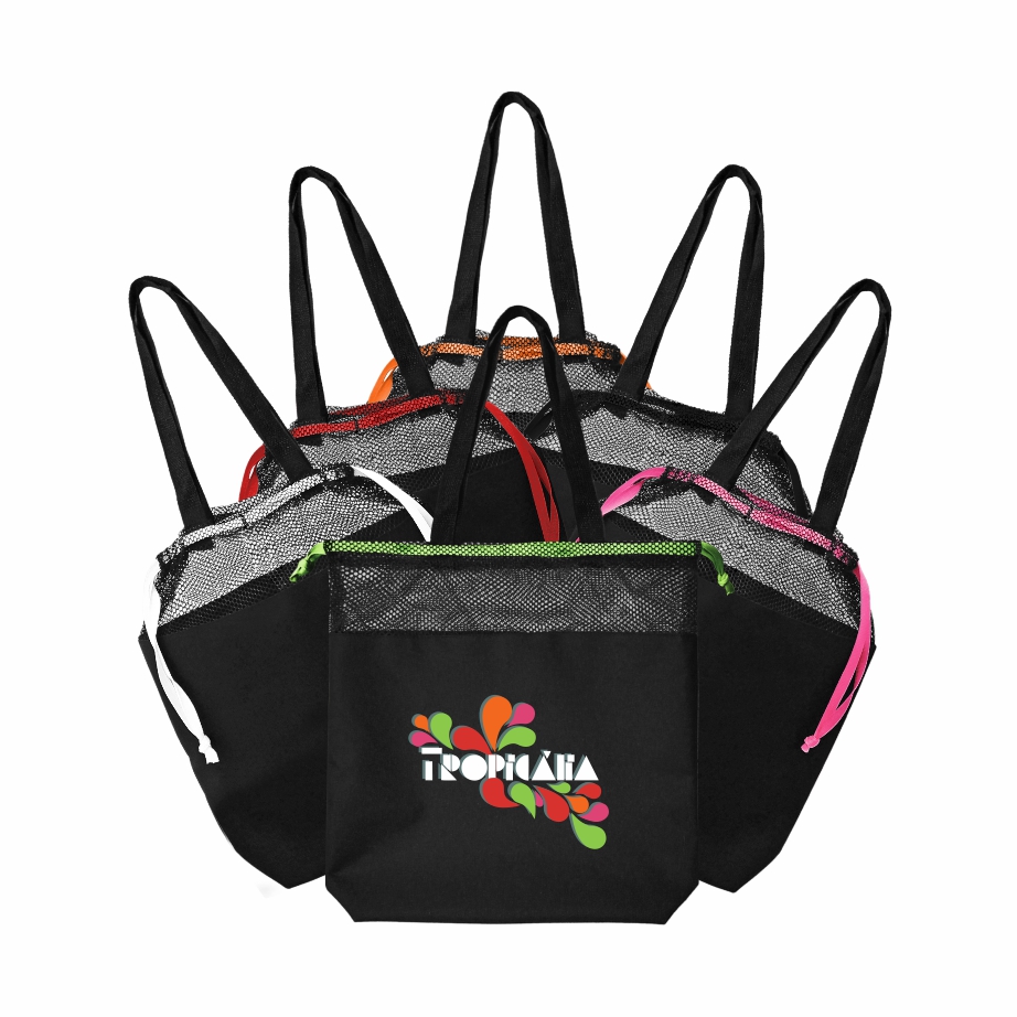 Sacola Promocional Colors em Nylon 600 e Tela Vôlei Preta com Cordão Poliéster Colorido - Ref.: Tropicália