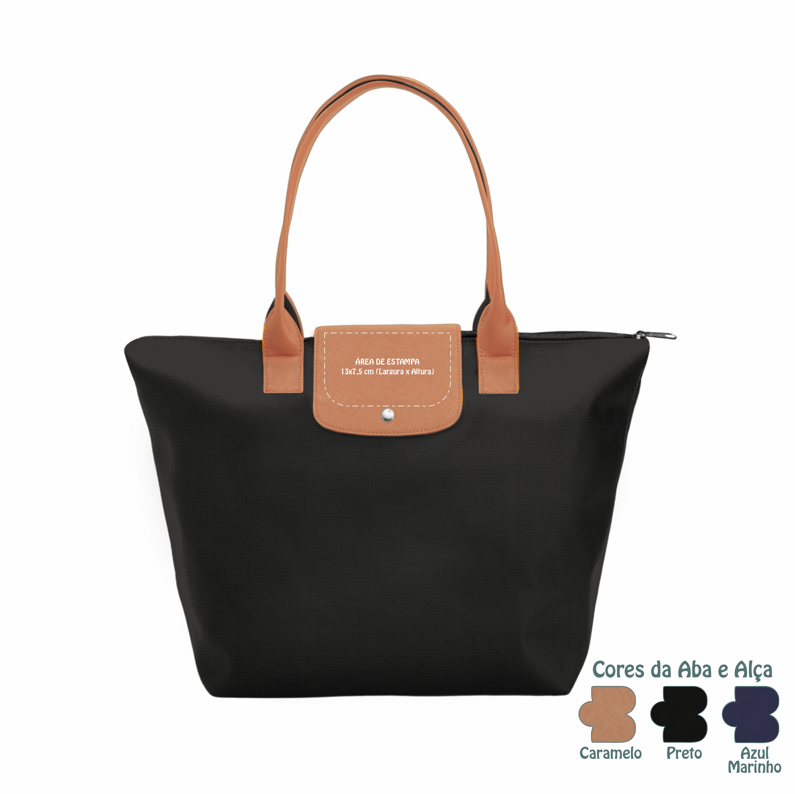 Soul | a sacola que sua cliente não vai querer mais largar! Feita em nylon reforçado, bolso interno, acabamento com zíper, botão imã e aba/alça em corino.