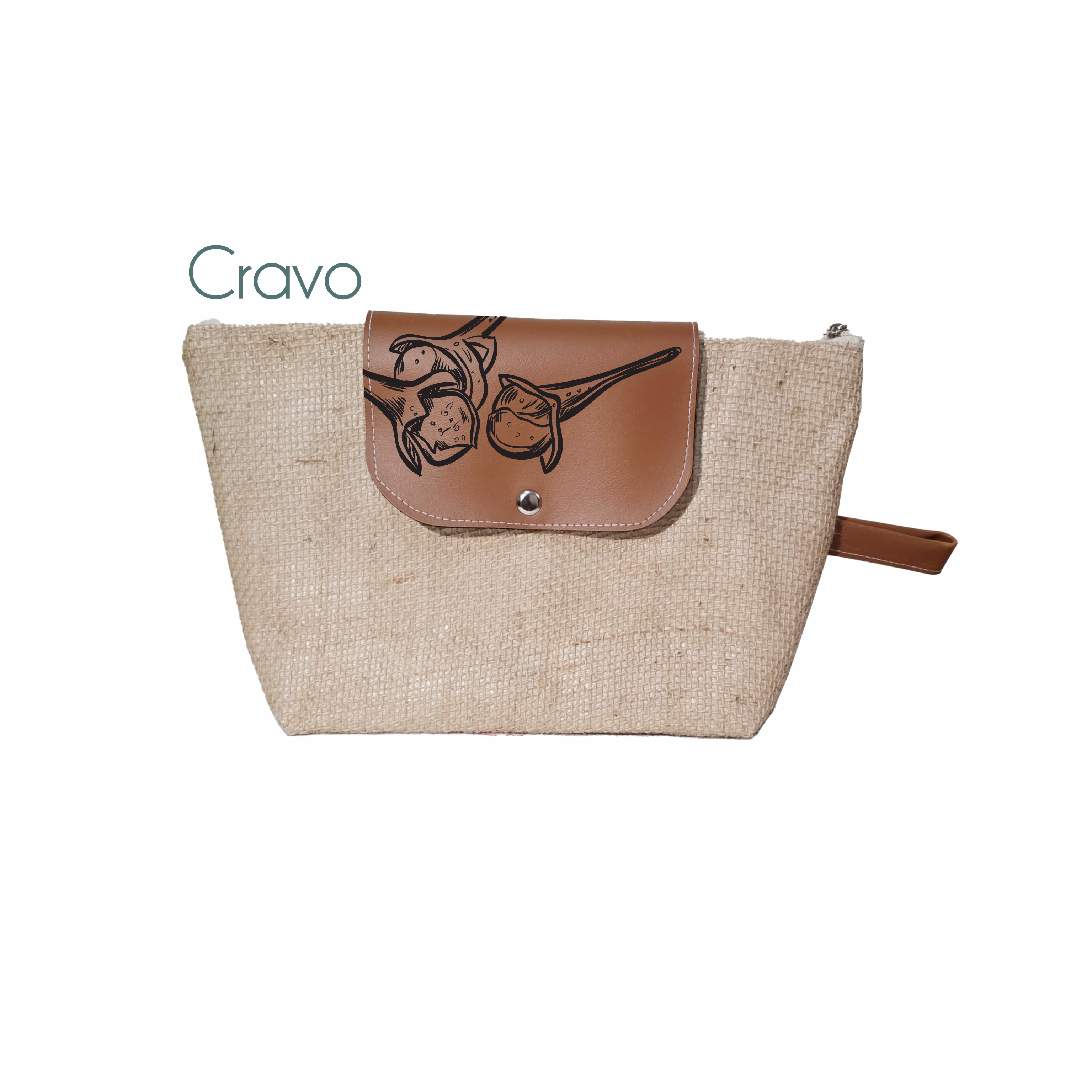 Premium necessaire ecológica em juta natural e forrada com algodão cru + acabamento em corino- ref.: CRAVO